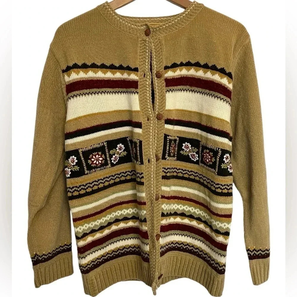 Vintage 70s Fair Isle Button-Up Cardigan – Boho Cottagecore Acrylic Sweater